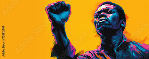 African american man raising fist hand. Black history month. Black Lives Matter. Freedom, justice and demonstration. Civil rights, culture concept