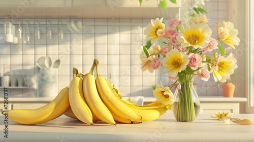 A group of bananas on a kitchen counter doing the worm the one in the front accidentally knocking over a vase of flowers.