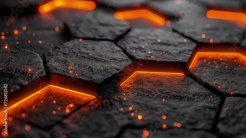 Black hexagon tile wallpaper with orange light. technology abstract background.