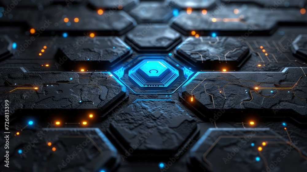 Obraz premium Close-up of Glowing Circuit Board with Blue Lights and Microchips - Technology Texture Background. Futuristic background.