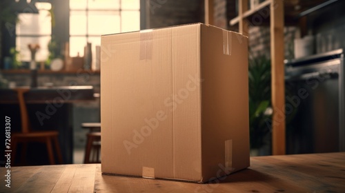 A large, unopened cardboard box sitting on a wooden table in a modern kitchen setting. © tashechka