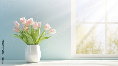 A vase of fresh pink tulips bathed in sunlight on a window sill, creating a bright and airy spring setting. © tashechka