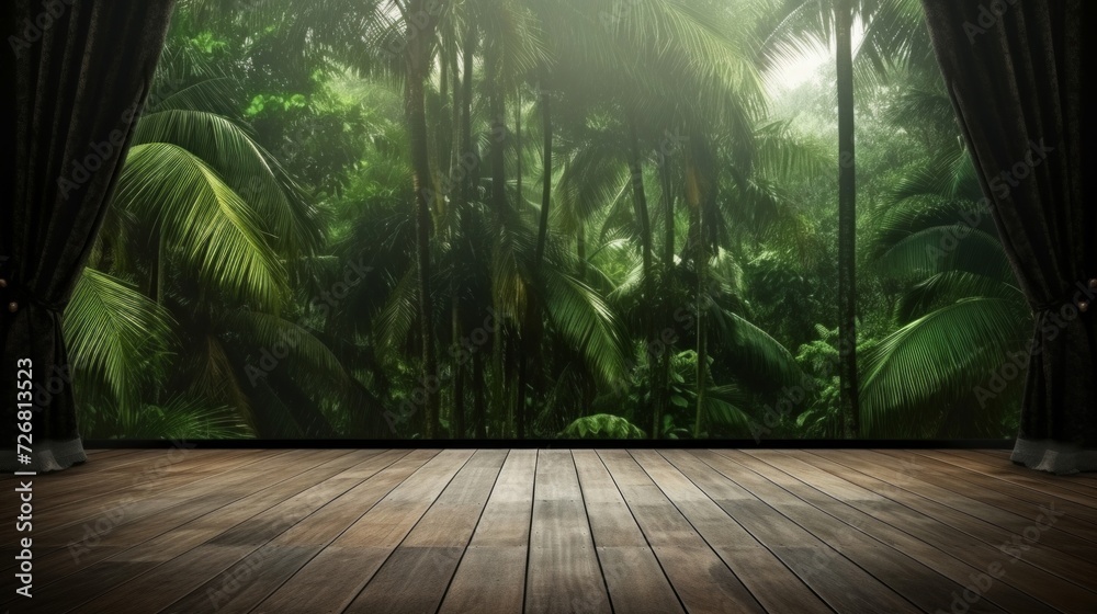 A serene view of a dense tropical rainforest from the comfort of a wooden-floored interior, blending nature with home. - obrazy, fototapety, plakaty 