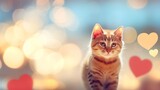 Adorable tabby kitten in front of a sparkling background with heart-shaped bokeh, depicting affection and pet love.