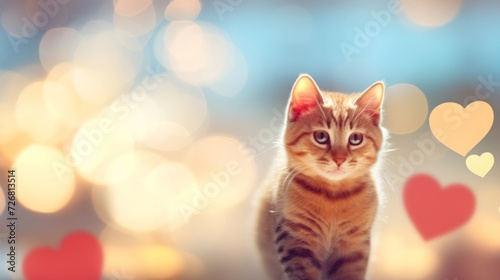 Adorable tabby kitten in front of a sparkling background with heart-shaped bokeh, depicting affection and pet love.