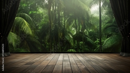A serene view of a dense tropical rainforest from the comfort of a wooden-floored interior, blending nature with home.