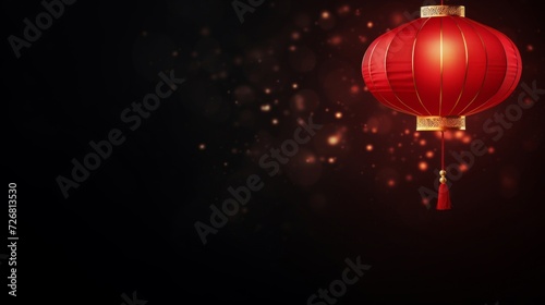 Traditional red Chinese lantern hanging in the dark with a glowing bokeh background, symbolizing festive celebration and culture.