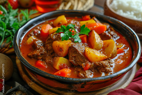 dish of goulash, a Hungarian stew with beef, potatoes, carrots, paprika, and other spices, in the style of hearty, spicy, warming