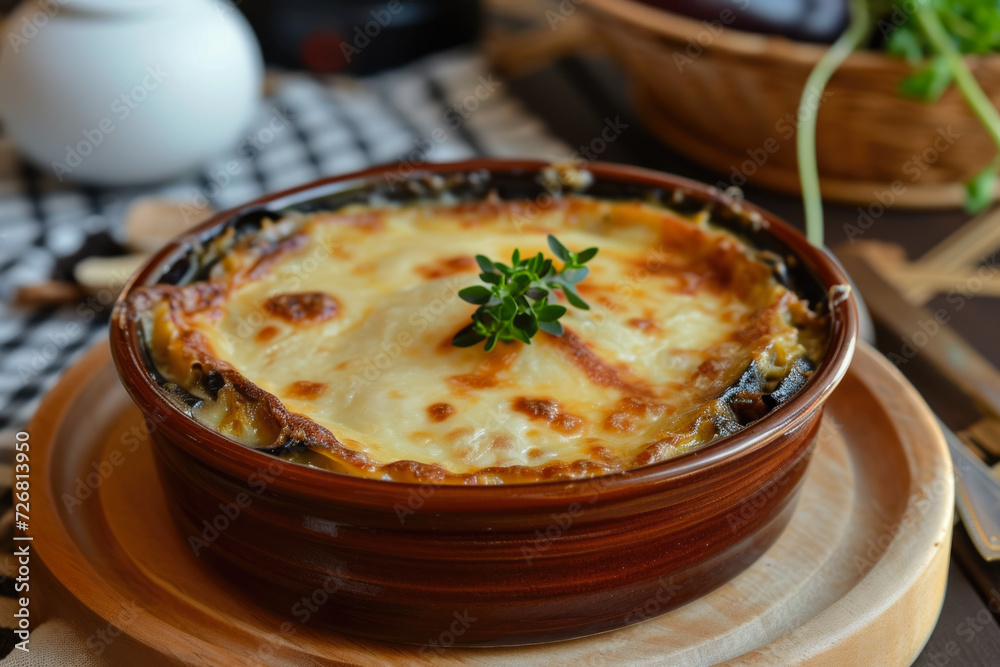 dish of moussaka, a Greek baked dish with layers of eggplant, minced meat dish of moussaka, a Greek baked dish with layers of eggplant, minced meat