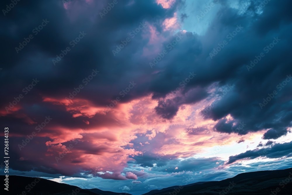 Dramatic, moody sunset hues blending dark blues and soft pinks in the sky, creating a captivating natural background generative ai