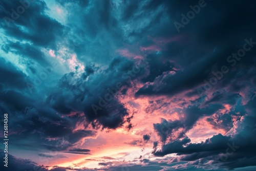 Dramatic, moody sunset hues blending dark blues and soft pinks in the sky, creating a captivating natural background generative ai