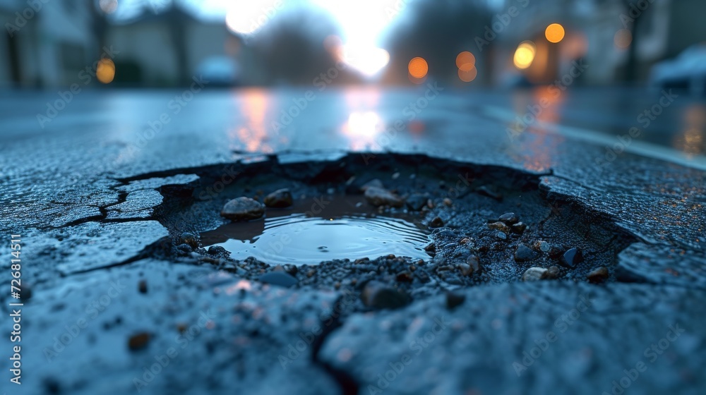 A road with a pot hole filled with water.  - obrazy, fototapety, plakaty 