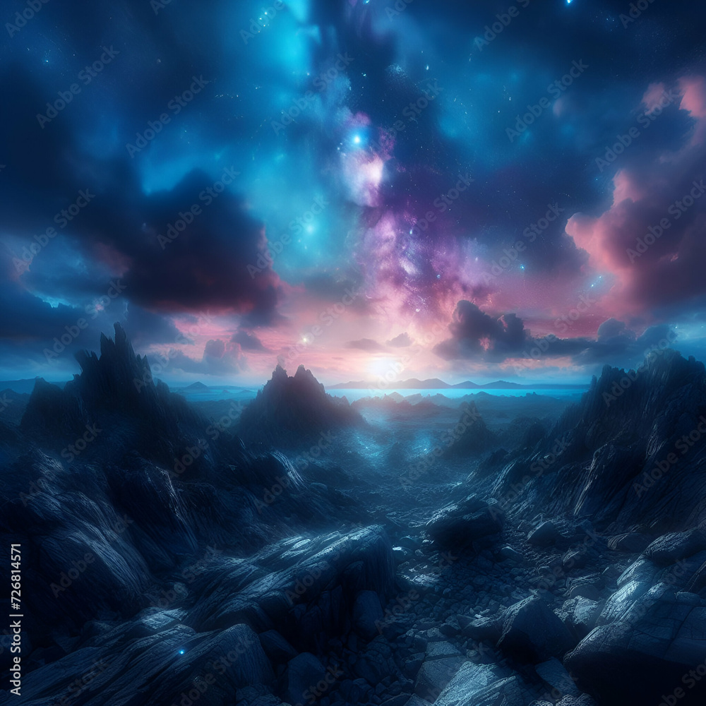 Breathtaking Rocky Mountain Terrain Fantasy Universe at Night with Vibrant Colors Hues Blue and Purple Celestial Sky with Shimmering Nebula Galaxy Planets & Stars Glowing Alien Landscape Art Afterlife