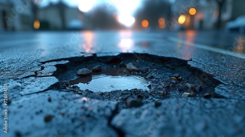 A road with a pot hole filled with water.  photo