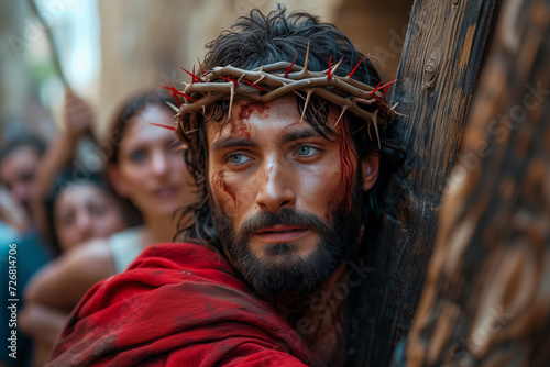 Passion of Christ on Good Friday, carrying the cross and crown of thorns through the streets of Jerusalem, covered in blood and insults from the people