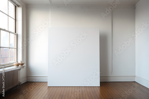  blank   white canvas poster mockup on white wall on a empty white room with big windows  poster mockup   wooden floor