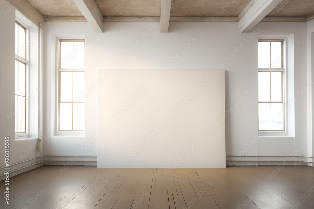  blank   white canvas poster mockup on white wall on a empty white room with big windows, poster mockup , wooden floor