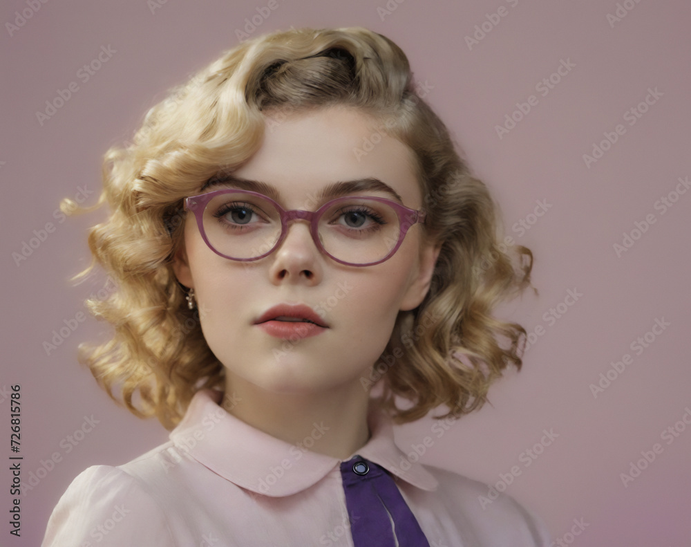 blonde woman with glasses portrait on a plain background, nerd look