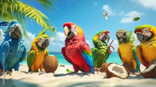 Cartoon scene A group of parrots sit on a beach with one parrot holding a coconut and exclaiming Why did the parrot bring a coconut to the show He wanted to make