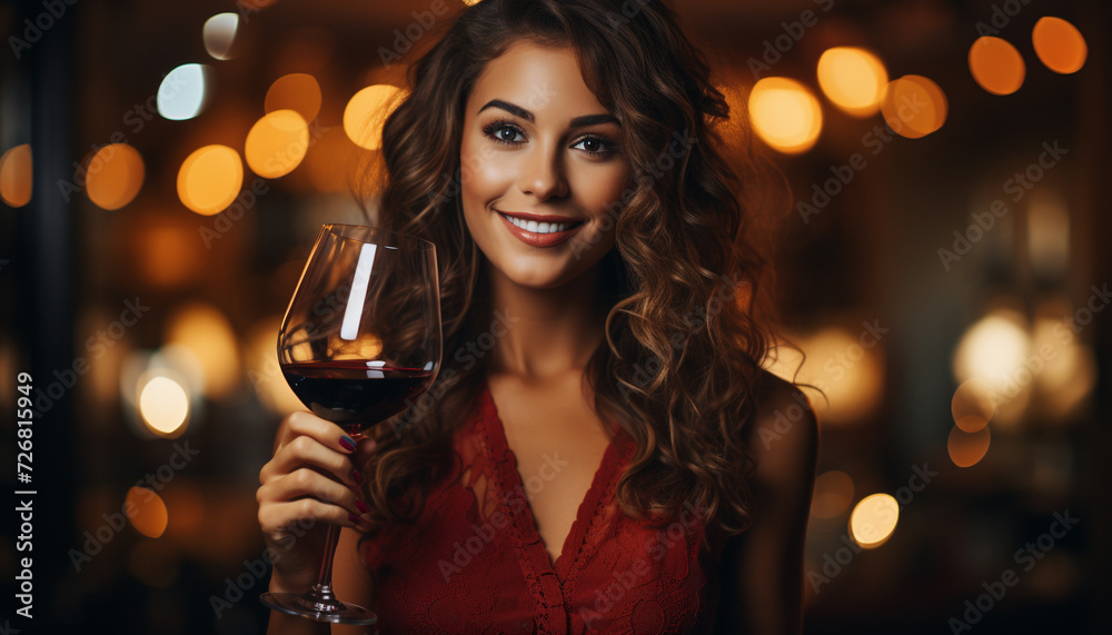Young woman enjoying a night out, smiling and holding wine generated by AI Young woman enjoying a night out, smiling and holding wine generated by AI