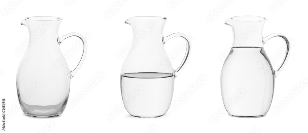 Glass jug isolated on white, collage with empty, semi filled and full Glass jug isolated on white, collage with empty, semi filled and full
