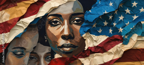Ethnic Leadership: Portrait of an African American Female Politician with Striking Eyes and Colours of Diversity on a Vintage Painted Background photo