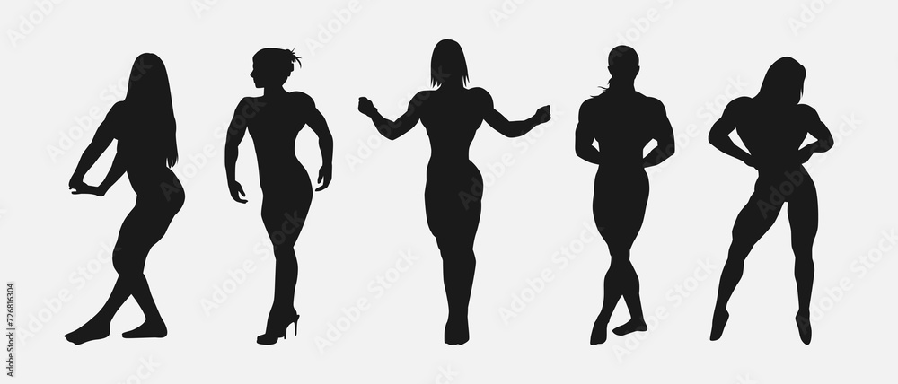 Fototapeta premium female bodybuilder silhouette set. different pose, action. isolated on white background. vector illustration.