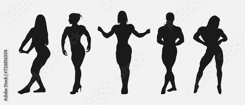 female bodybuilder silhouette set. different pose, action. isolated on white background. vector illustration.