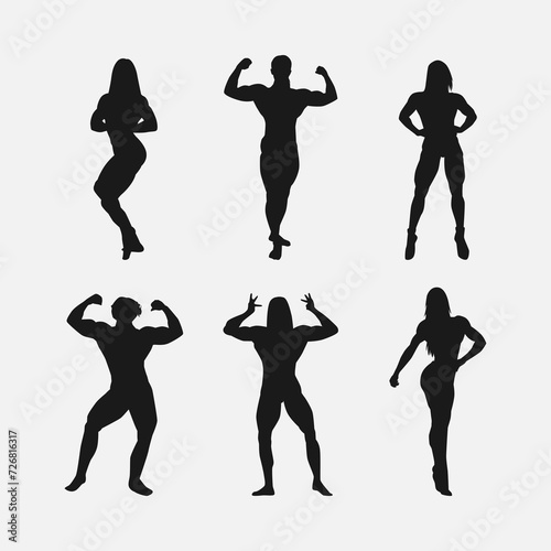 female bodybuilder silhouette set. different pose, action. isolated on white background. vector illustration.