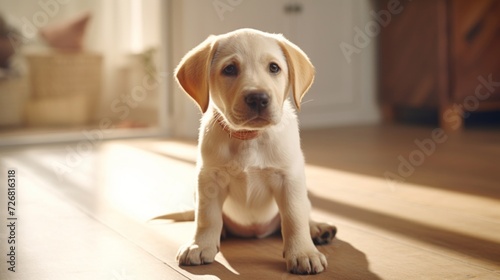 Adorable Labrador puppy sitting alone on a bright, sunlit wooden floor, looking up with curiosity. © red_orange_stock