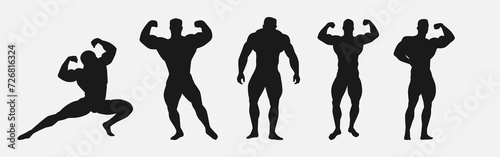 male bodybuilder silhouette set. different pose, action. isolated on white background. vector illustration.