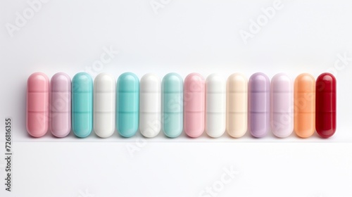 Colorful pharmaceutical capsules lined up in a row on a white background.