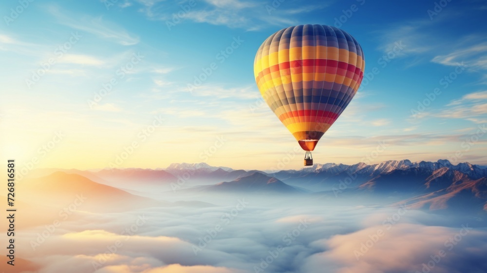 A colorful hot air balloon floats above cloud-covered mountains during a breathtaking sunrise. A colorful hot air balloon floats above cloud-covered mountains during a breathtaking sunrise.