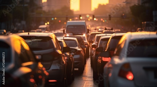 Evening rush hour traffic jam on a busy city street as the sun sets in the background. © red_orange_stock
