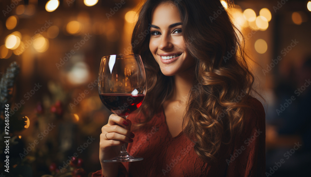 One young woman, smiling, holding wineglass, enjoying celebration and relaxation generated by AI One young woman, smiling, holding wineglass, enjoying celebration and relaxation generated by AI