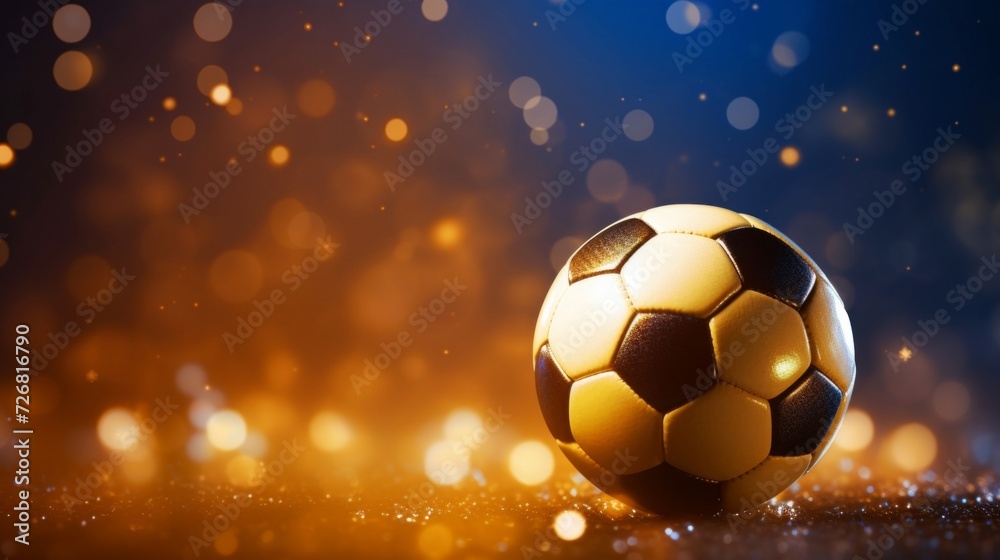 Naklejka premium A glamorous golden soccer ball shines with twinkling lights, evoking excitement and luxury in sports.