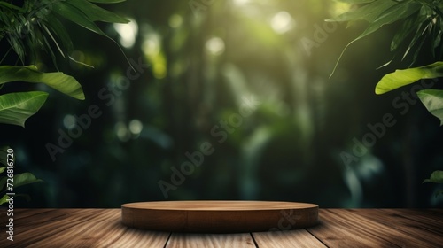 Empty round wooden display stand with a lush tropical foliage backdrop  ideal for product presentation.