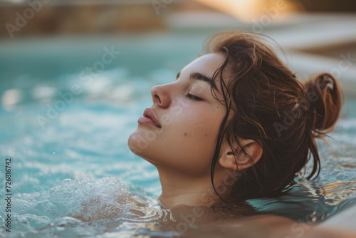 girl sitting in a hot tub  with a look of relaxation on her face