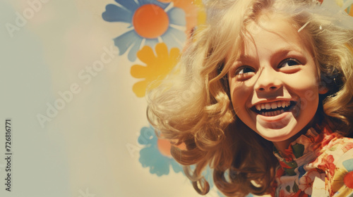 Cheerful young girl with flowing blonde hair laughing against a vibrant flower-patterned background.