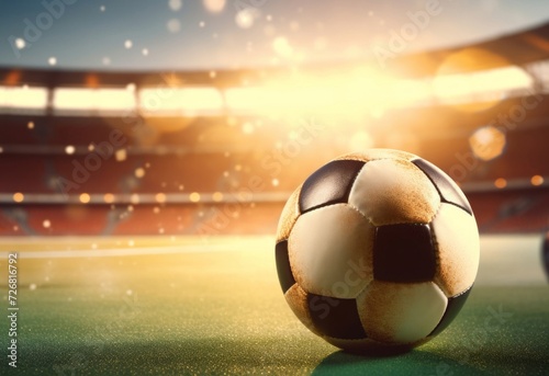 Soccer ball on a green field with stadium and sunlight backdrop.