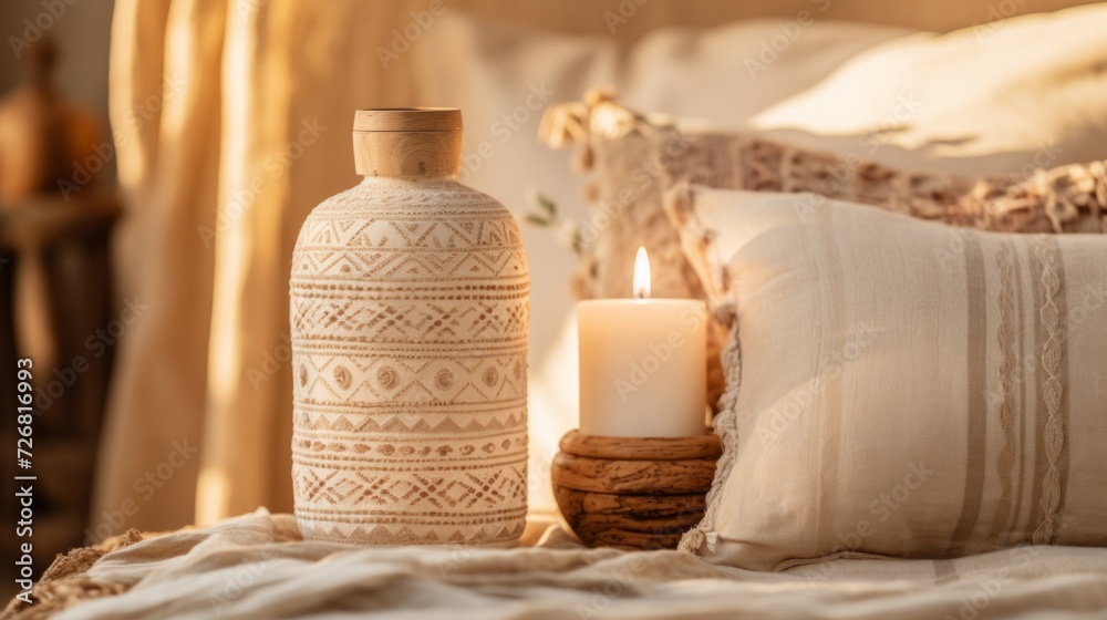 Warm home setting with a decorative vase and lit candle on a cozy blanket, evoking comfort and relaxation.