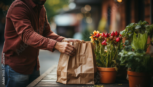 A man shopping outdoors, holding a bag of fresh flowers generated by AI