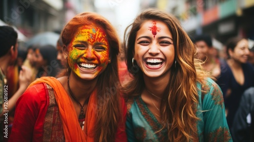 Two young women laugh joyously with their faces covered in bright Holi festival colors in a crowded street.