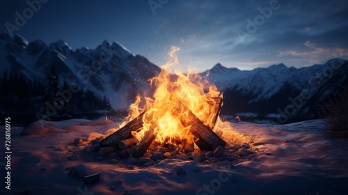 Inviting campfire with vibrant flames in the snowy mountains during twilight, offering warmth and light.