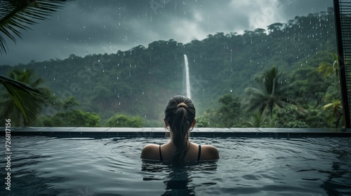 Back of woman enjoys tropical rain in the pool and forest view