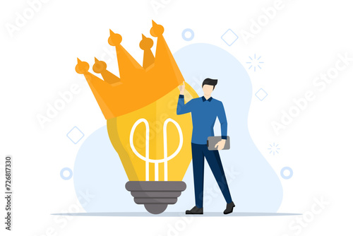 Brilliant idea concept, shiny shining light bulb idea lamp wearing golden crown. Great and brilliant ideas, genius creative ideas or superior ideas for business development. vector illustration.