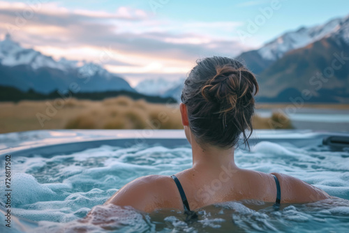 girl soaking in a hot tub, with a view of the mountains in the background