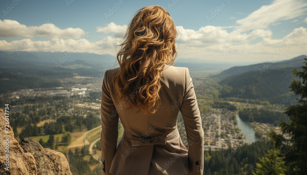 Naklejka premium A successful businesswoman standing in nature, looking at mountain peak generated by AI