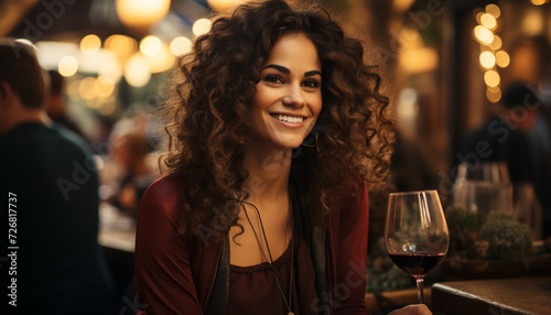 Young woman enjoying a night out  smiling and drinking wine generated by AI
