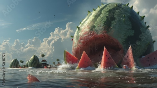 In the distance a fearsome watermelon monster emerges from the ocean its enormous rindcovered body looming over the tiny watermelon villagers who flee in terror.